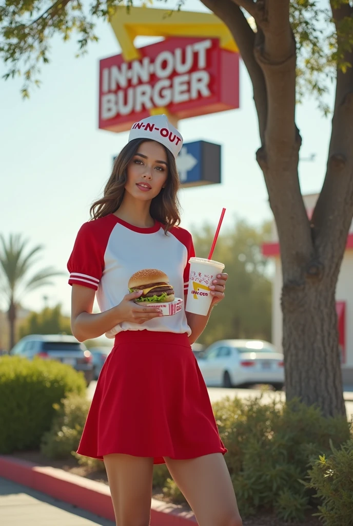 blue eyes, brown hair, red jacket, collar, two-tone gloves, looking at viewer, smiling, happy, mouth open, blush, sitting, behind a table, huge large breasts, huge large round ass,huge large bubble butt, inside fast food restaurant, table full of food, french fries, high quality, masterpiece
