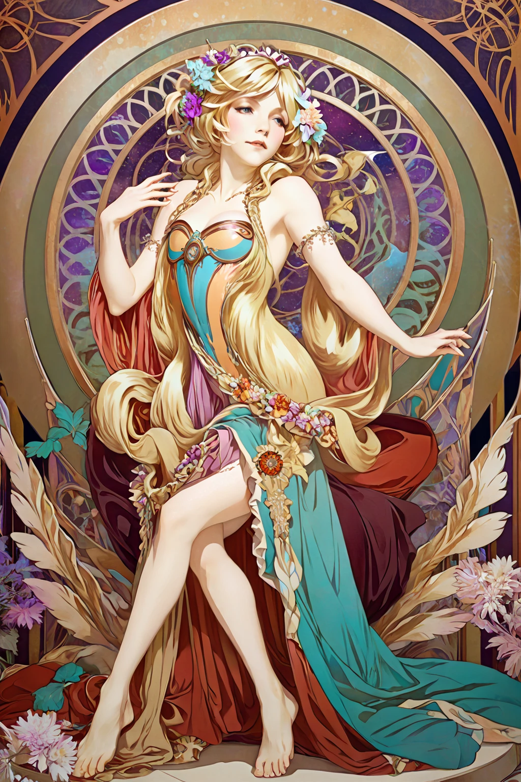 (Carol Malus Dienheim,symphogear),(braid long blondhair),One Girl,Pale skin,naked,(full length),Five fingers,Perfect hands,Masterpiece, Superior Quality, Tarot, Bard, Court Fool, Symbolism, Visual Arts, Occult, Universal, Vision Casting, Philosophy, Iconography, Numerology, Popularity, Arts, Alphonse Mucha,(alphonse mucha style background),