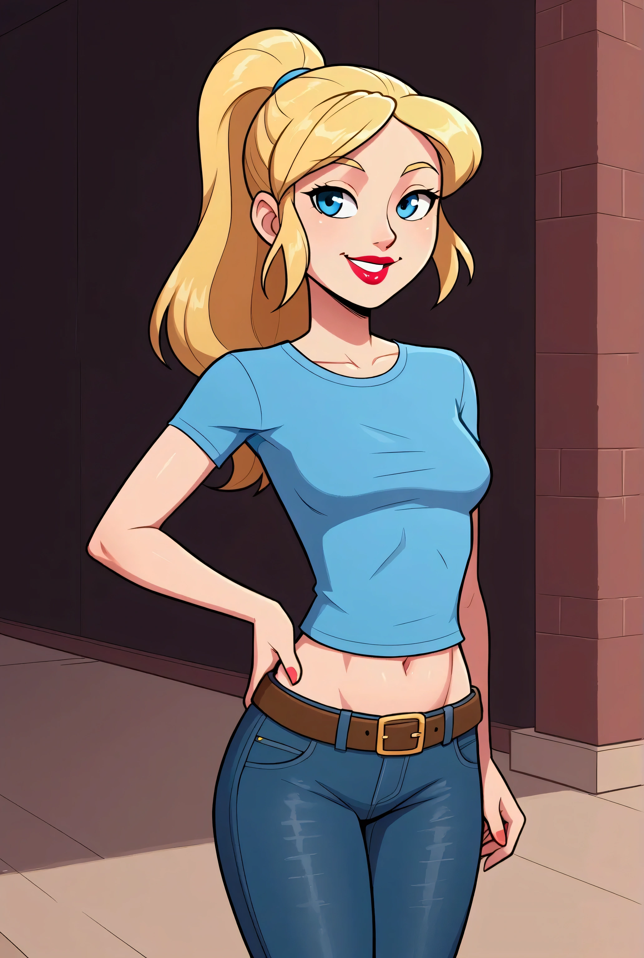 Blonde girl with ponytail, solo, wearing lipstick, jeans, belt, blue long-sleeved shirt, taut shirt, midriff, navel, smile