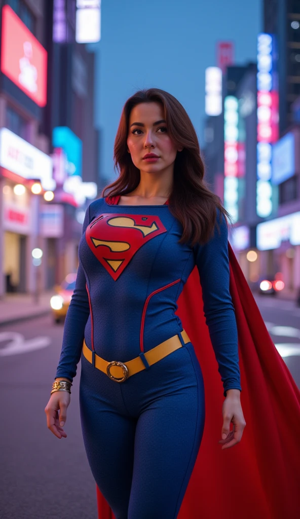 Hania Amir in Supergirl costume, HD, remastered, HQ, 4K quality, cyberpunk cityscape, The very sexy Supergirl with her neckline outfit 