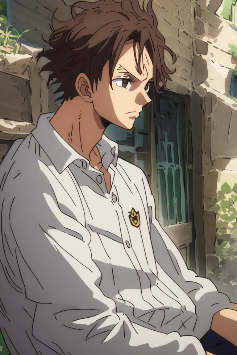 (Make a anime teenager boy in a school outfit, shounen art style) strolling down the sunlit sidewalk after another bustling day at school, his figure capturing the essence of a carefree 17-year-old. His tousled dark brown hair, intermingled with playful strands of lighter tan, danced in the gentle breeze, often falling haphazardly over his brow. The tousled locks framed his angular face, where bright, expressive yellowish, brown eyes sparkled with an innocent curiosity—a striking contrast to the fierce determination often hidden beneath his nonchalant exterior.


Dressed in his school colors of deep navy and crisp white, Akira sported a fitted blazer that accentuated his lean frame, layered comfortably over a tailored white button-up shirt. The school emblem—a stylized crest—graced the left pocket, adding a sense of pride to his otherwise relaxed attire. His navy trousers, slightly baggy yet stylish, allowed him ease of movement, while a pair of clean white sneakers kept his look youthful and energetic.


As he walked, Akira exuded a certain charm, though it was often tinged with an endearing cluelessness, especially regarding romantic gestures from friends. He paused intermittently, glancing at the vibrant clouds above, lost in thought and oblivious to the world bustling around him. His demeanor was a mix of fierce individuality and laid-back confidence, making him an engaging presence.


In this side profile, you could see the way his scuffed sneakers lightly scuffed against the pavement, his shoulders relaxed but squared, exuding an air of both determination and ease. With his head tilted slightly upward, he seemed to be deep in conversation with himself, pondering the mysteries of life, love, and the latest trends in anime.
