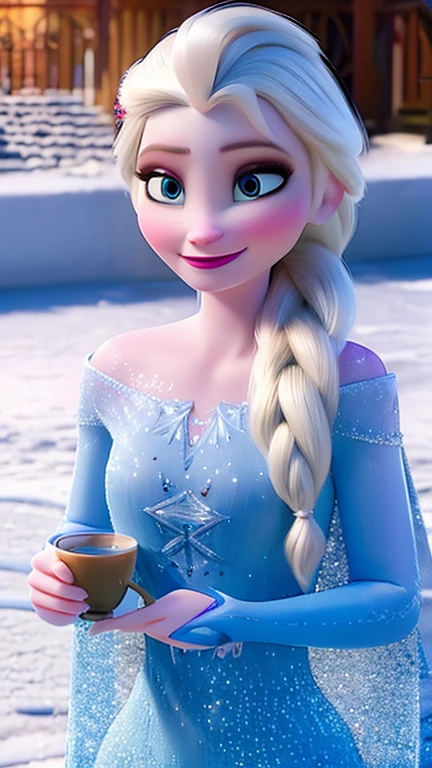 elsa frozen, smiling, wearing a bikini, in the snow, holding, a cup of tea