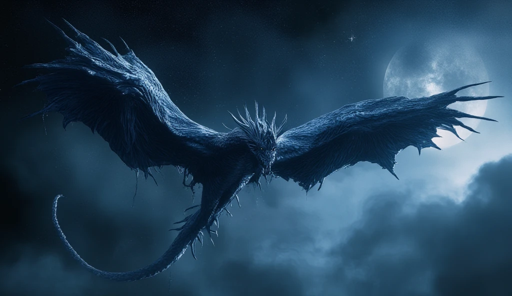 Azure Chinese dragon. He has a gray mane, two large horns and white eyes. Dark blue skin. The dragon is wise and strong. He flies in the clouds in the dead of night. It's a dark night.