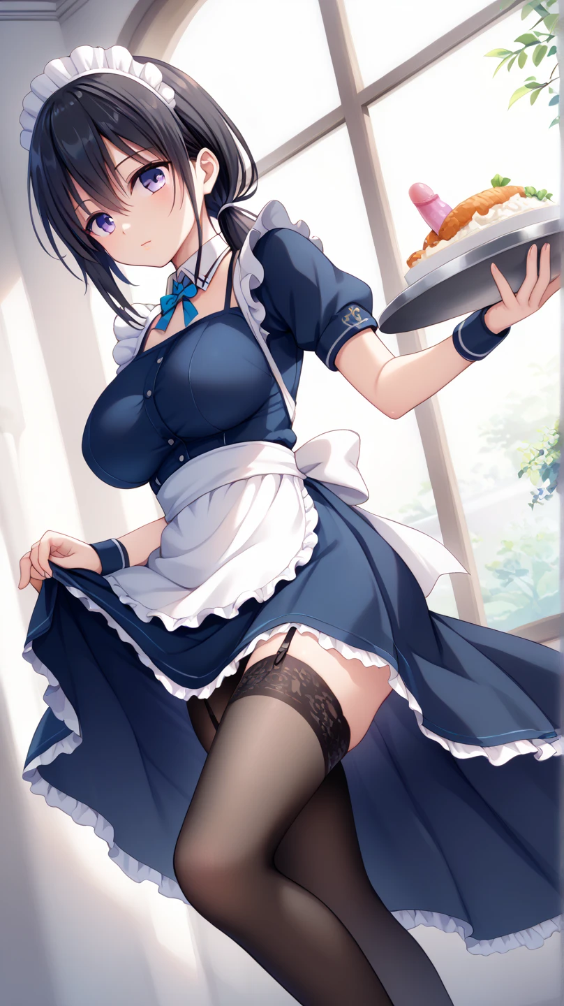  masterpiece , One assassin , Head Maid ,　Dagger in hand  :1.5 ,((  navy blue fabric with white fabric on the collar and hem,  making it plain and less revealing :1.4)),((  tight long skirt with slits  :1.4)),  Long Sleeve  ,White salon apron  ,((  black garter belt and garter knife 、 and black knee-high tights :1.2)),:  170 centimeters,  beautifulボディライン  ,Big Breasts,((  black hair,  low ponytail:1.4)),, beautiful,  and a woman with purple eyes with a cool face , beautifulモデルが立っている, Viewed from diagonally ahead,