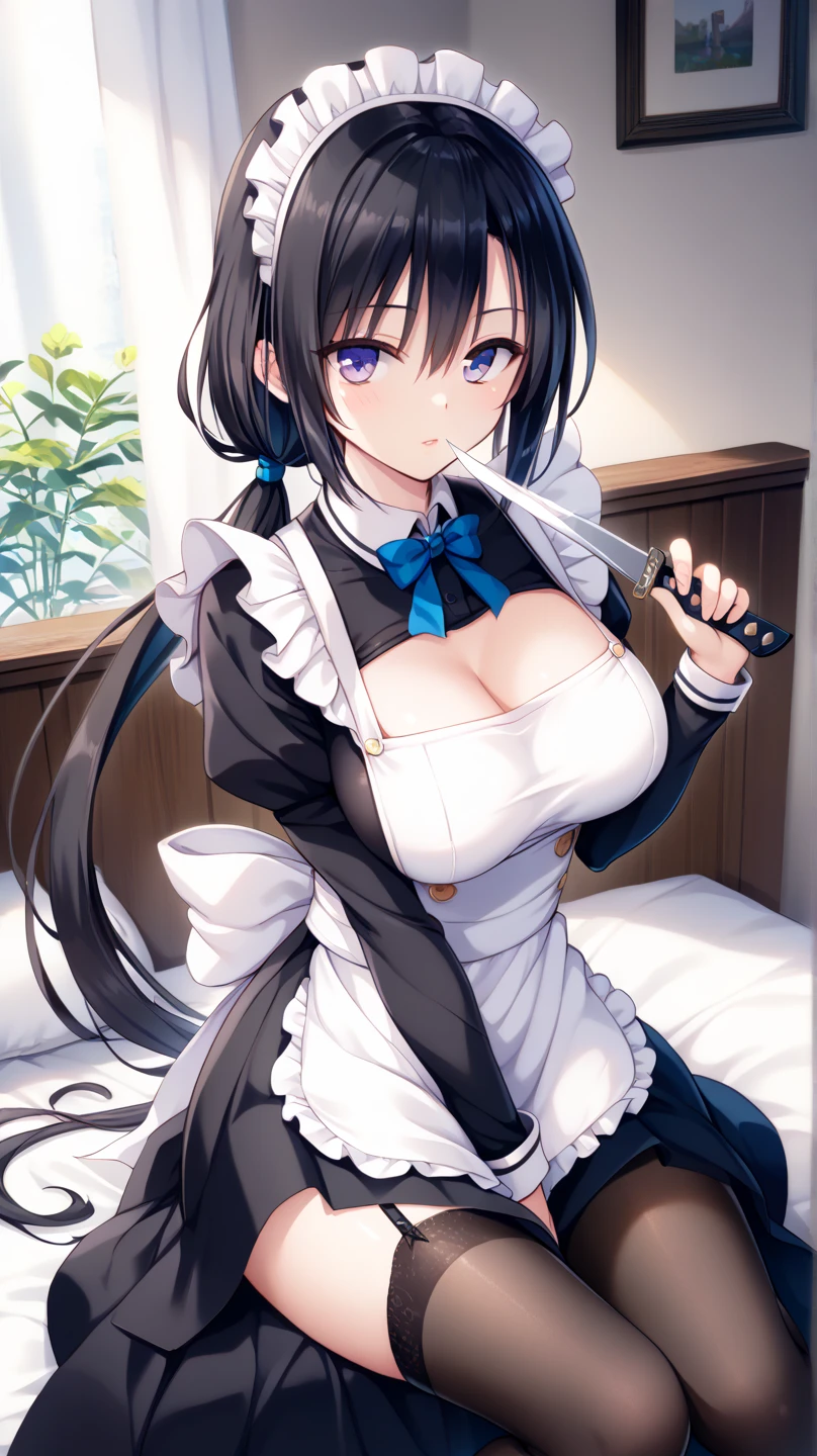  masterpiece , One assassin , Head Maid ,　Dagger in hand  :1.5 ,((  navy blue fabric with white fabric on the collar and hem,  making it plain and less revealing :1.4)),((  tight long skirt with slits  :1.4)),  Long Sleeve  ,White salon apron  ,((  black garter belt and garter knife 、 and black knee-high tights :1.2)),:  170 centimeters,  beautifulボディライン  ,Big Breasts,((  black hair,  low ponytail:1.4)),, beautiful,  and a woman with purple eyes with a cool face , beautifulモデルが立っている, Viewed from diagonally ahead,