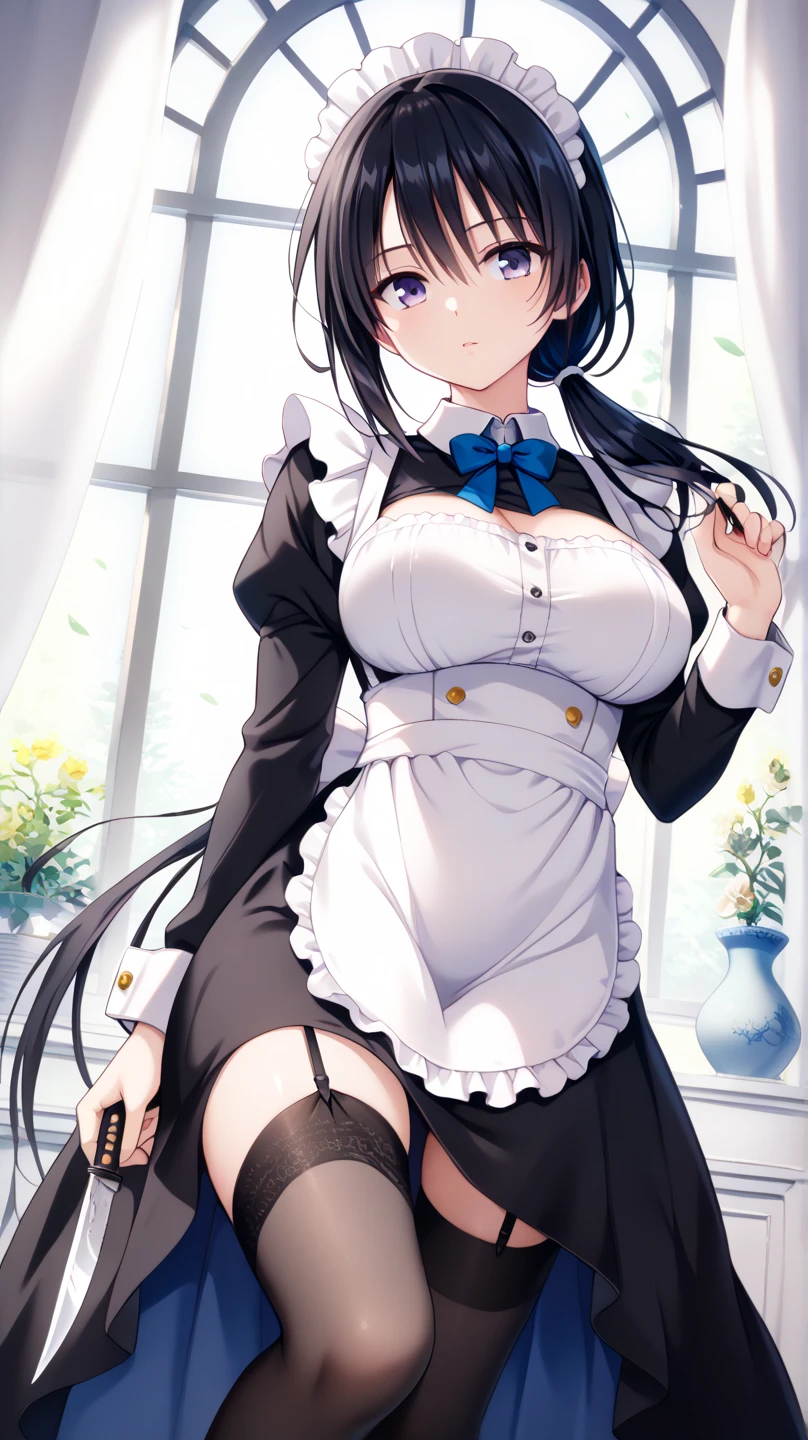  masterpiece , One assassin , Head Maid ,　Dagger in hand  :1.5 ,((  navy blue fabric with white fabric on the collar and hem,  making it plain and less revealing :1.4)),((  tight long skirt with slits  :1.4)),  Long Sleeve  ,White salon apron  ,((  black garter belt and garter knife 、 and black knee-high tights :1.2)),:  170 centimeters,  beautifulボディライン  ,Big Breasts,((  black hair,  low ponytail:1.4)),, beautiful,  and a woman with purple eyes with a cool face , beautifulモデルが立っている, Viewed from diagonally ahead,