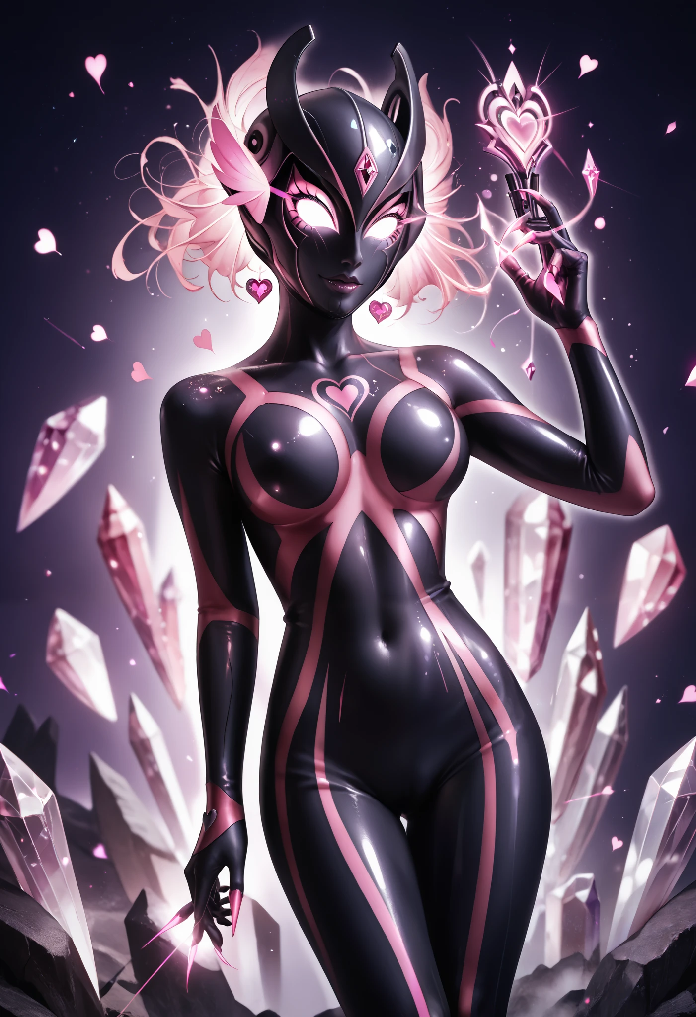 Dark UltraWoman. （high quality）（luster）（(Black Face and red eyeline)）（Black and purple thema color. black helmet. A full-face helmet. Pink lines. Purple glowing mechanical eyes. The whole body is covered with a black bodysuit. Thick legs. Spike decoration. Pink lines all over the body. Heart tattoo . purple coloreye. pink glow crystal. pink sharp claw. Night background.