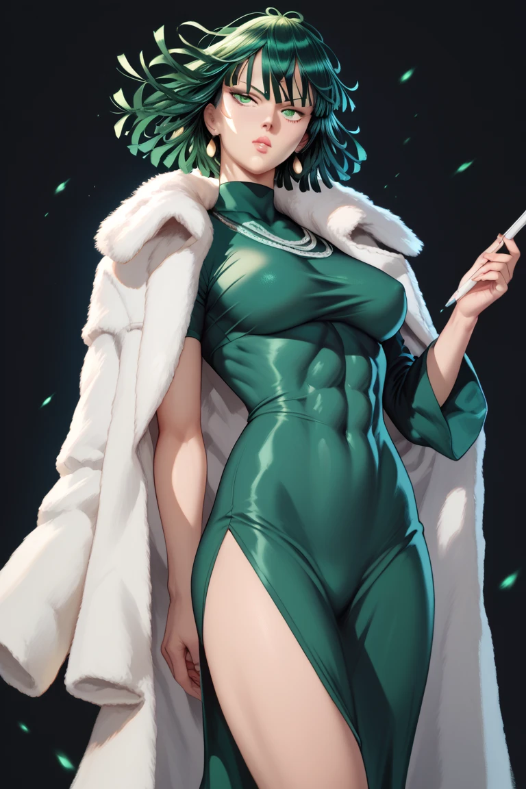 Fubuki from one punch man,tight green dress,detailled and strong abs,coat