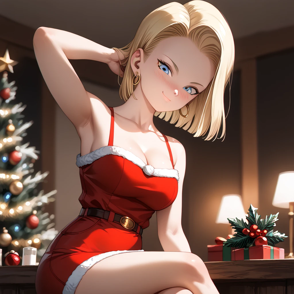 sysdeep_android18, android 18, blonde hair, blue eyes, eyelashes, hoop earrings, short hair, earrings, photorealistic, detailed coloring, anime style, detailed high quality, chromatic aberrations, ultra detailed quality skin, detailed ray tracing lighting,, masterpiece、 best quality、masterpiece, high definition , 8K quality, perfect face, solo, 1 girl, beautiful face, beautiful detailed eyes, Alone, cute face、nose blush, red cheek, large butt, looking at viewer, wearing a smug expression, looking down, (from below), cleavage, closed mouth, standing, hair slicked back, collarbone, Staring at the viewer, (Christmas costume,mini skirt,), ass line, sitting on table, crossed legs, arm behind head, sexy pose, sensual expression, sensual pose, blurry background, festive decorations, twinkling lights, decorated Christmas tree, cozy indoor setting, warm color tones,upper body