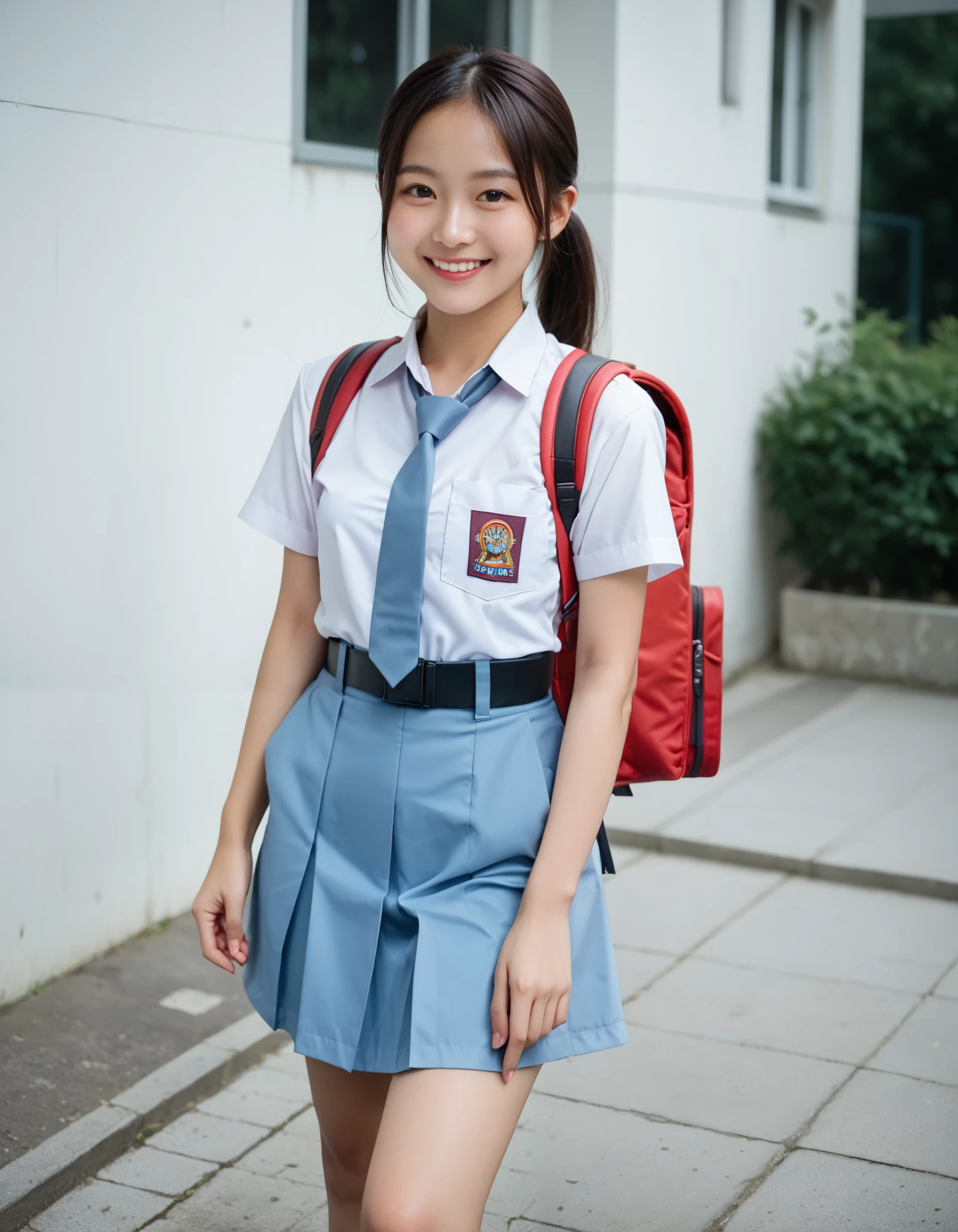 Masterpiece, hd, realistic, 1girl,(l1ttlegirl), short body, Slender body, small breasts, thing leg, Asian girl, kawaii portrait, cute kawaii girl, (l0li in dress), black twintail hair and brown eyes, Indonesia high school uniform, wearing white collared shirt, short sleeves, light blue skirt, pleated skirt, wearing black belt, light blue neck tie, pocket, school logo on pocket, outdoor,  smile,  standing, cowboy shot, wearing backpack, red backpack