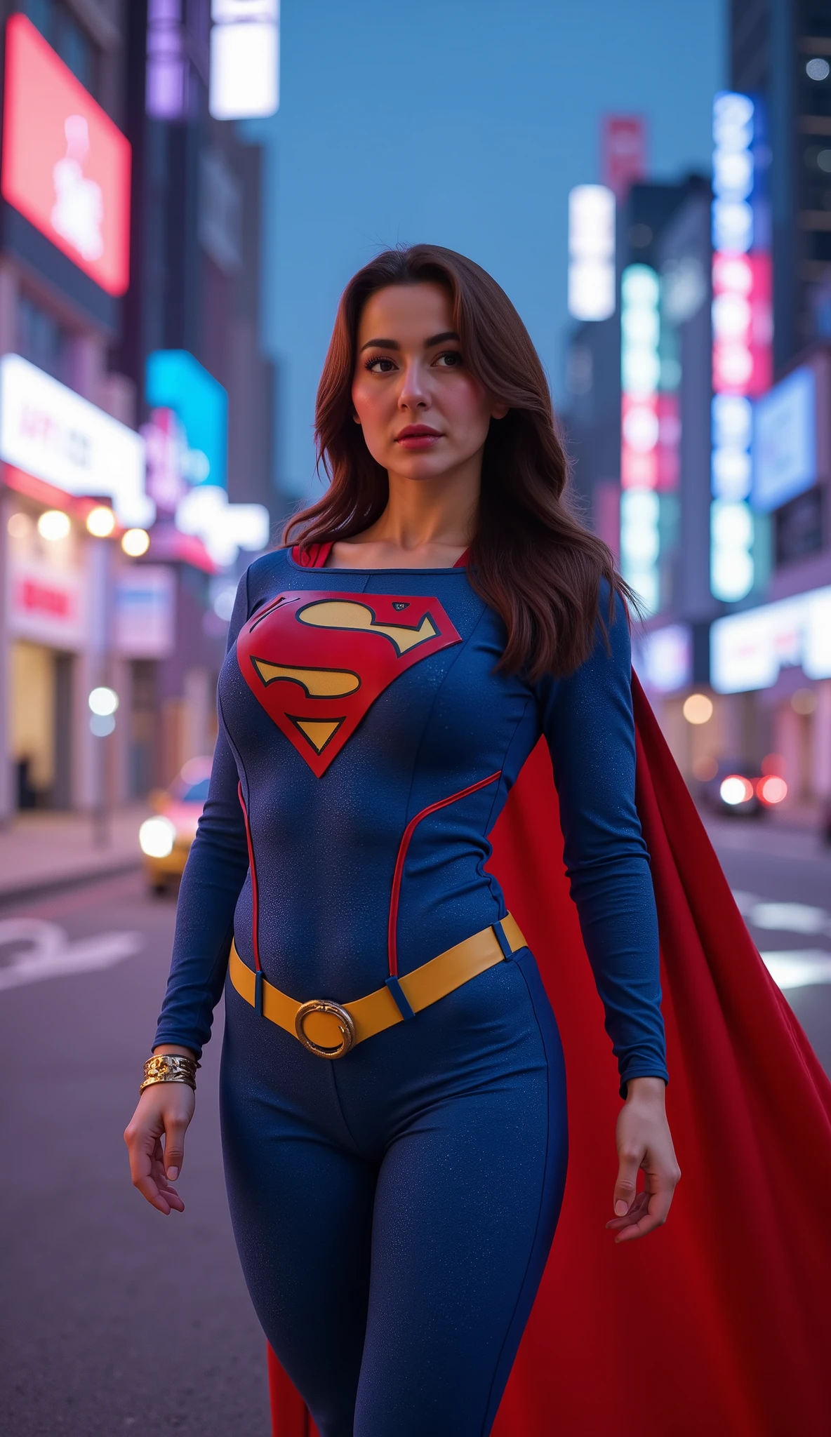 Hania Amir in Supergirl costume, HD, remastered, HQ, 4K quality, cyberpunk cityscape, The very sexy Supergirl with her neckline outfit 