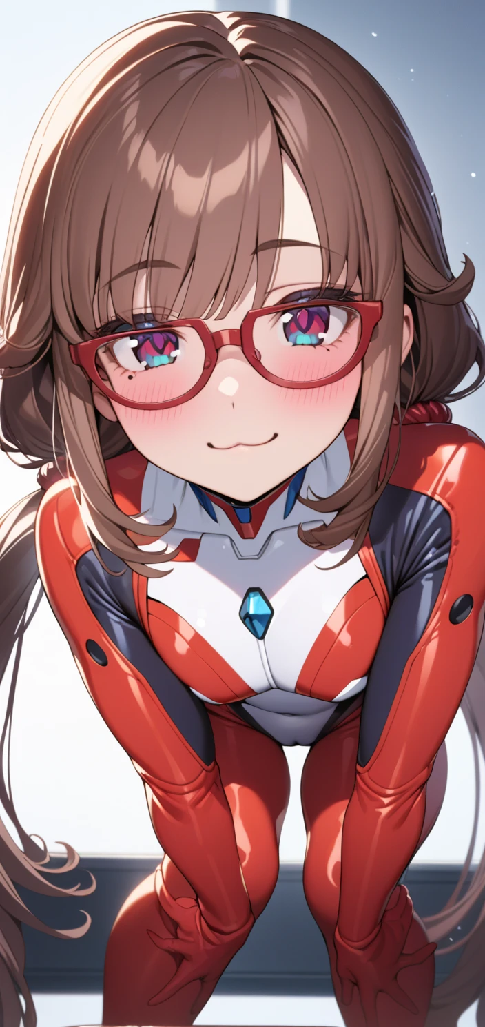 (masterpiece,best quality,ultra sharp focus), 1girl,solo,long hair,smile,blue eyes,brown hair,twintails,glasses,bodysuit,:3,portrait,semi-rimless eyewear,close-up,red-framed eyewear,under-rim eyewear,plugsuit,makinami mari illustrious solo, dogeza, ass,Harumaki, 1girl, low twintails, red eyes, brown hair, mole under eye, hairclip, red shirt, brooch, white bow, red thighhighs, red scrunchie, boots,((high_quality)), ((Super_Detailed)),  big butt,large skirt