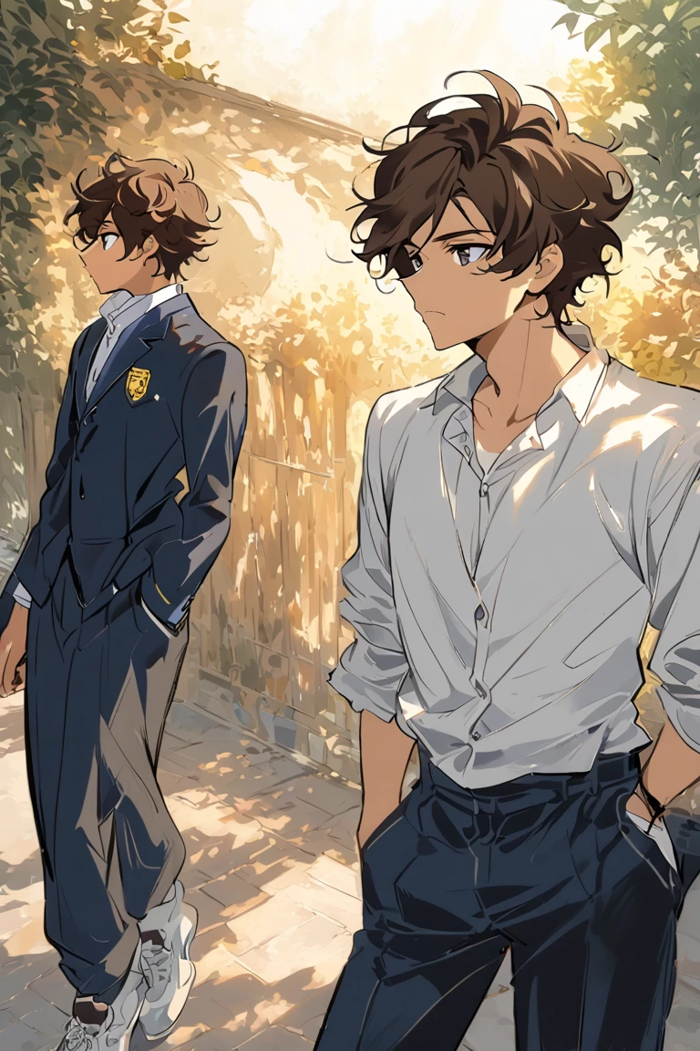 (Make a anime teenager boy in a school outfit, shounen art style, NO LONG HAIRR) strolling down the sunlit sidewalk after another bustling day at school, his figure capturing the essence of a carefree 17-year-old. His tousled dark brown hair, intermingled with playful strands of lighter tan, danced in the gentle breeze, often falling haphazardly over his brow. The tousled locks framed his angular face, where bright, expressive yellowish, brown eyes sparkled with an innocent curiosity—a striking contrast to the fierce determination often hidden beneath his nonchalant exterior.


Dressed in his school colors of deep navy and crisp white, Akira sported a fitted blazer that accentuated his lean frame, layered comfortably over a tailored white button-up shirt. The school emblem—a stylized crest—graced the left pocket, adding a sense of pride to his otherwise relaxed attire. His navy trousers, slightly baggy yet stylish, allowed him ease of movement, while a pair of clean white sneakers kept his look youthful and energetic.


As he walked, Akira exuded a certain charm, though it was often tinged with an endearing cluelessness, especially regarding romantic gestures from friends. He paused intermittently, glancing at the vibrant clouds above, lost in thought and oblivious to the world bustling around him. His demeanor was a mix of fierce individuality and laid-back confidence, making him an engaging presence.


In this side profile, you could see the way his scuffed sneakers lightly scuffed against the pavement, his shoulders relaxed but squared, exuding an air of both determination and ease. With his head tilted slightly upward, he seemed to be deep in conversation with himself, pondering the mysteries of life, love, and the latest trends in anime.
