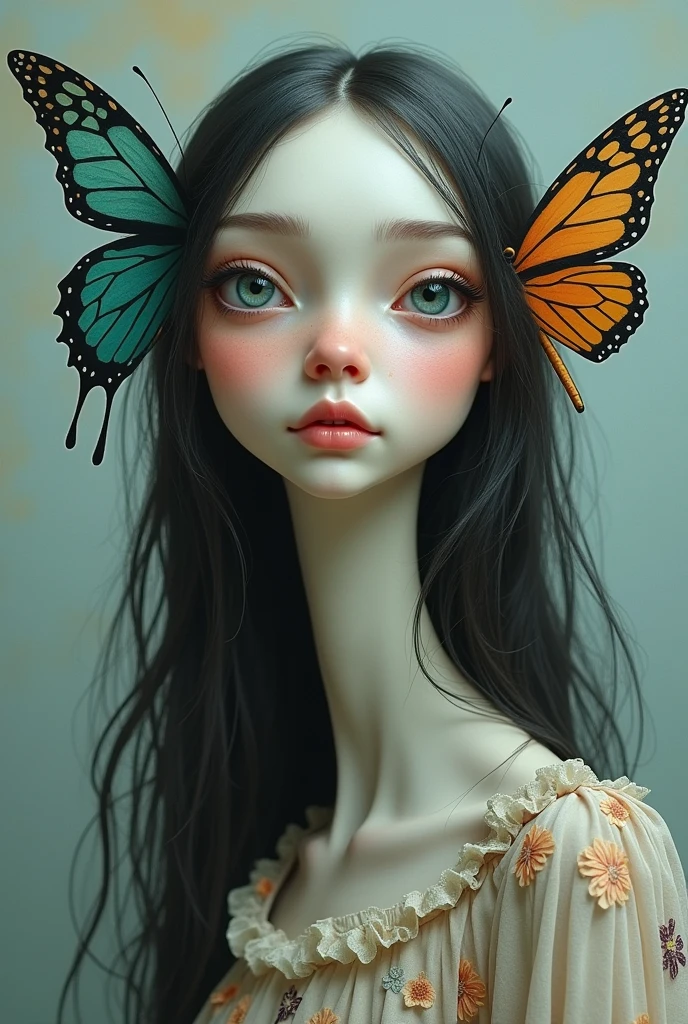 A porcelain-faced doll-like figure with hauntingly large, emerald-green eyes stares directly forward, capturing a blend of innocence and eerie allure. Her jet-black hair cascades down, intertwined with glowing white lilies, their soft petals emitting an ethereal light against her pale skin. Delicate, long eyelashes extend dramatically, as dark as her sorrowful tears, which trail down her cheeks in fine, inky lines. Her full, crimson lips are slightly parted, revealing a melancholic expression. Small, fragile moths flutter around her, their translucent wings barely catching the light. The background is a deep, shadowed indigo, enhancing the surreal atmosphere. T, illustration, surrealism, gothic, ethereal, dark palette.