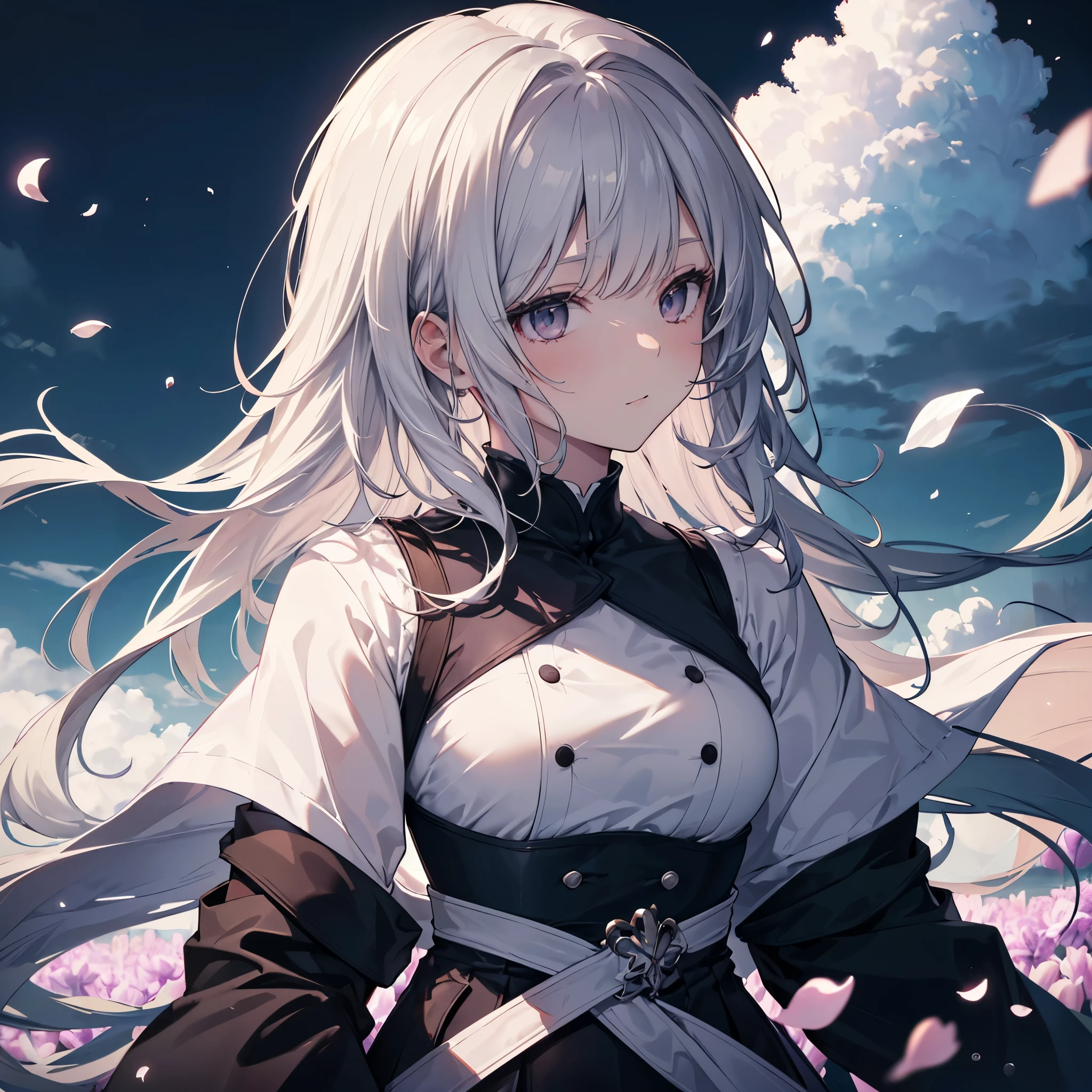 Anime girl with long white hair and black dress in field of flowers ...