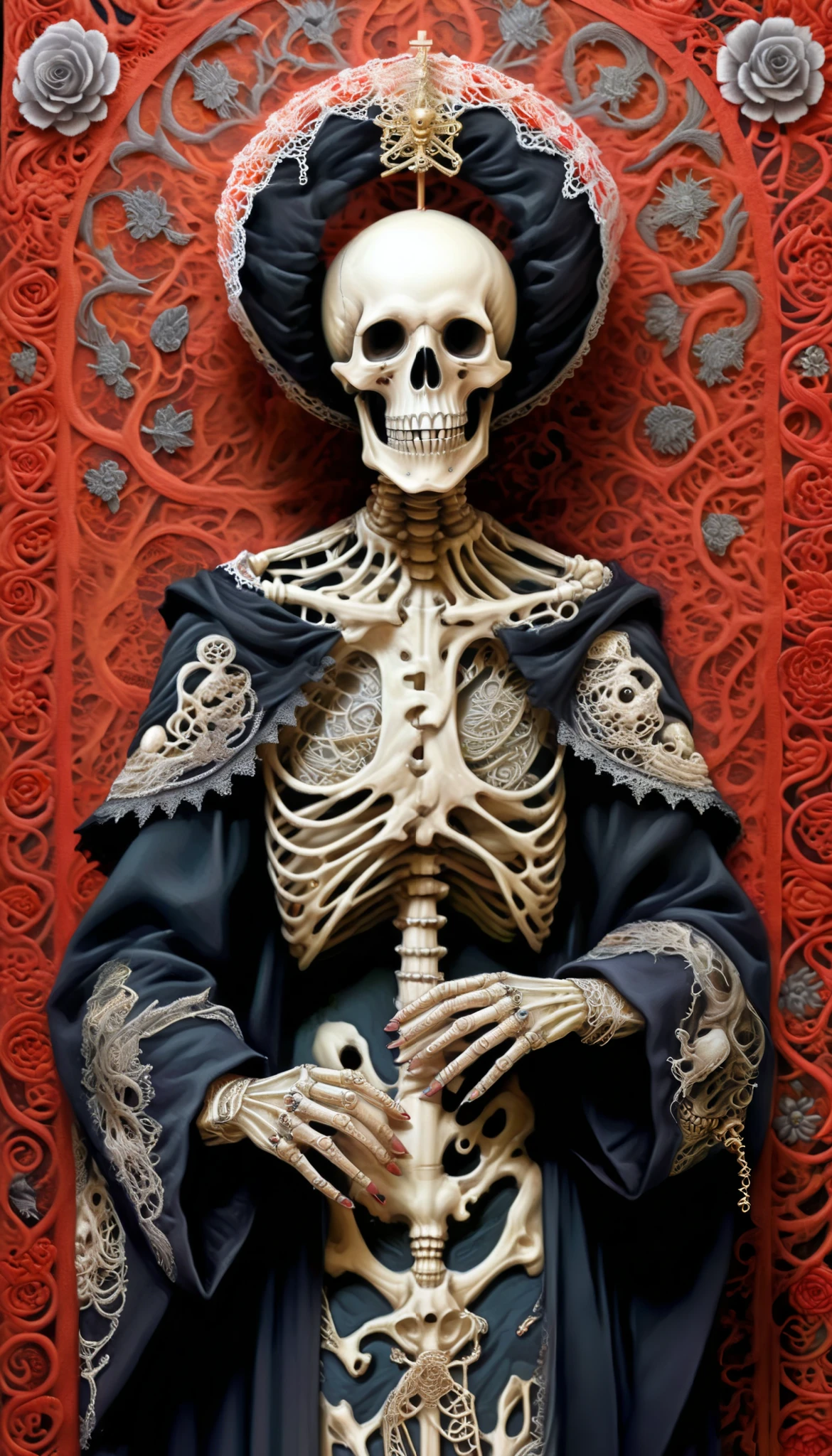  a close up of a skeleton dressed in a priest's robe, holy queen skeleton,  intricate skeletal decorations  (Detailed embroidery),  elaborate cult tunics ,  inspired by Francisco de Burgos Mantilla , day of the dead. 8K,  Victorian Day of the Dead , 8K highly detailed ❤🔥 🔥 💀 🤖 🚀,  made of intricate skeleton lace , All skeletons, Catholic punk , gothic art style  .  illustration digital ultra realista ( full image in the format ) ( front view) ((centered image parallel to the edges))  by Tsutomu Nihei ,( strange but extremely beautiful:1.4),(masterpiece,  Best Quality :1.4),In the style of Nicola Samori, iron fist  (Orson Randall ), Woven art , Erik Madigan Heck Style page , portrait, illustration,drawing,describe,bold describe, luminous , tattoo design  , Alex Gross Style page  