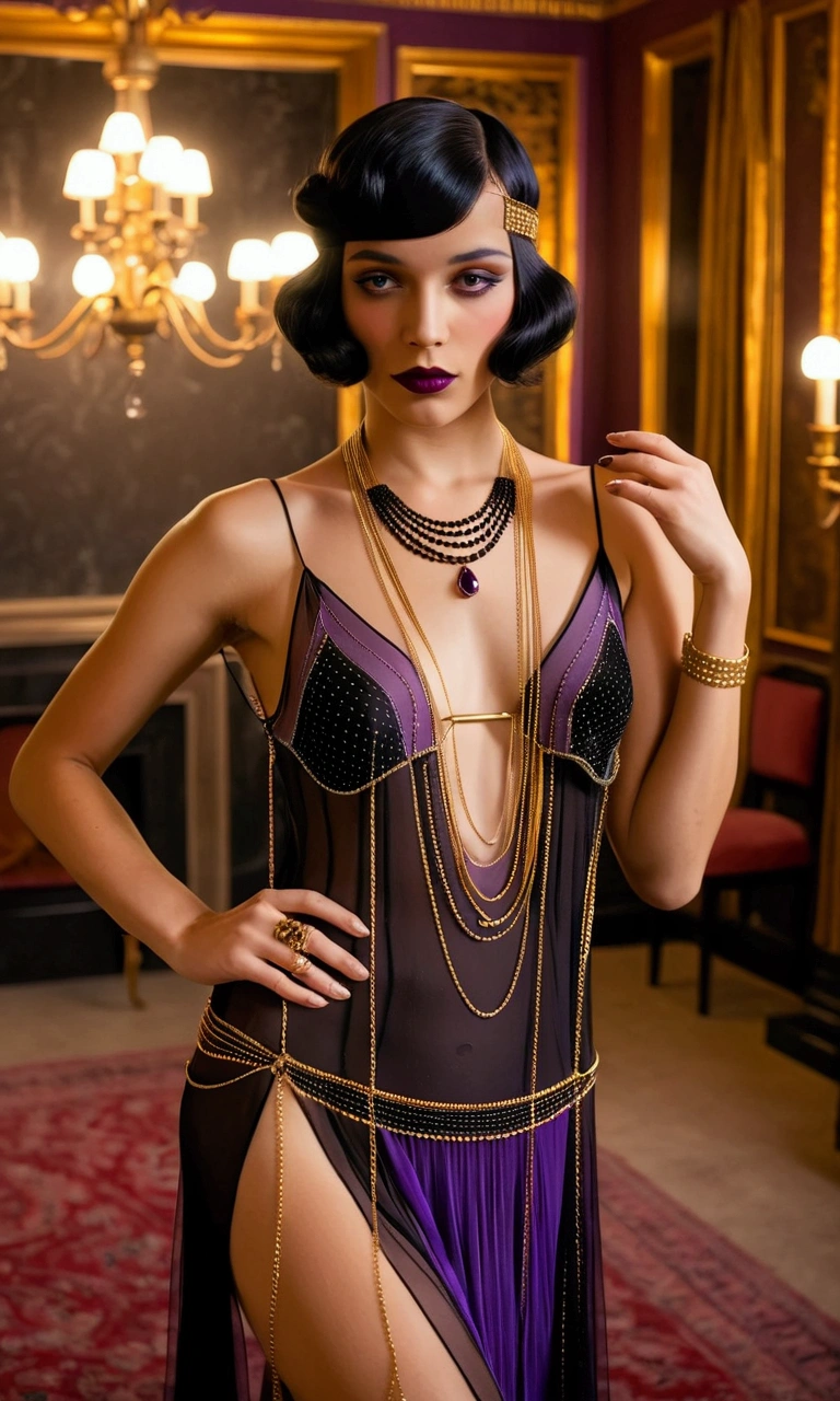 A cute woman (1920s fashion, sheer black and violet dress no underwear, a few golden body chains and jewelry) she is dancing a dainty dance teasing an upscale room of gentlemen, sultry
