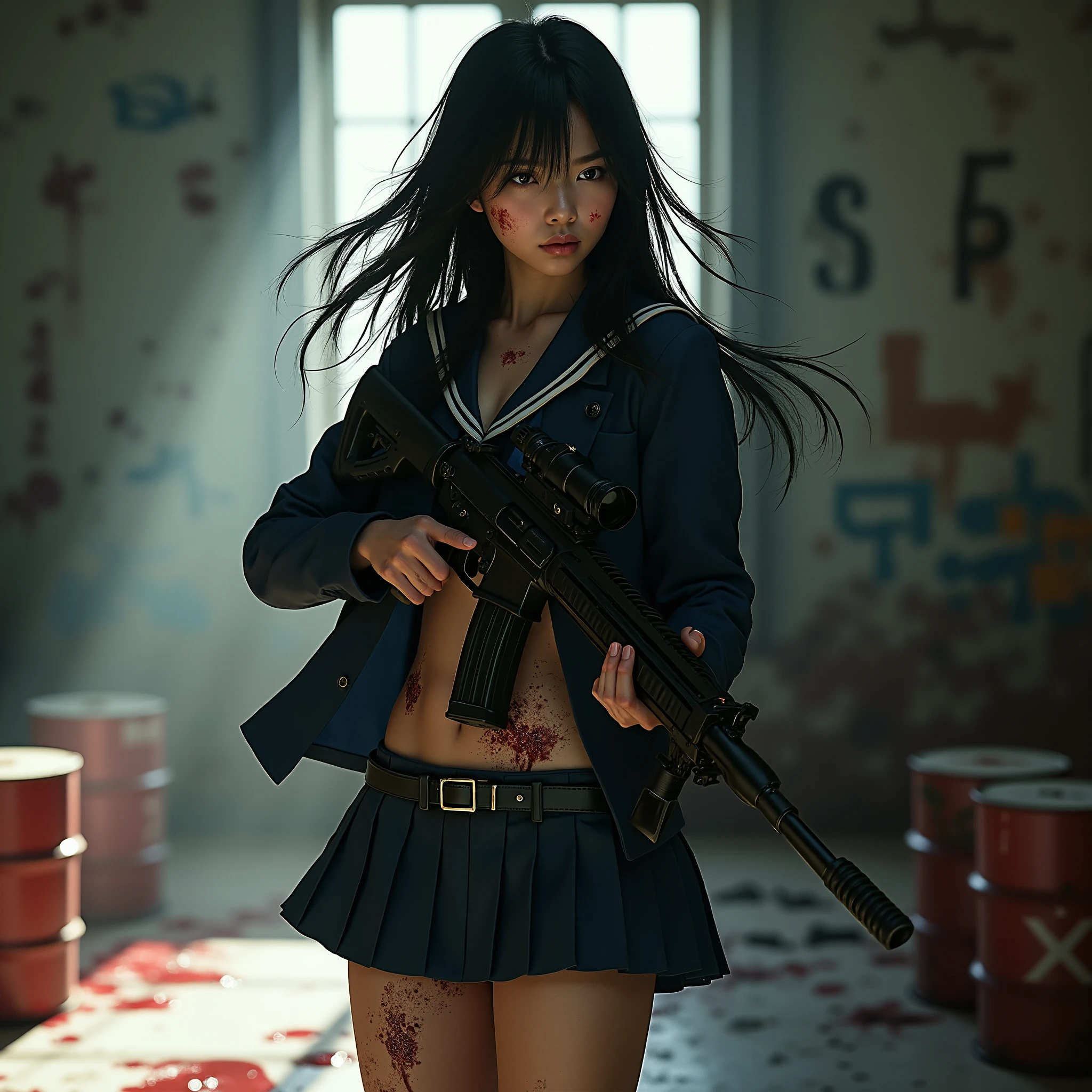 (((( anatomically correct human body structure)))、(((masterpiece、 top quality:1.4)))、(( real、 very detailed、 Best Skin Details 、 Ultra High Definition:2.0))、(( real肌の質感:1.4))、((( realな写真:1.5)))、((((( photorealistic:2.0)))))、 absurd、 top quality、(( focus on face :1.4))、(((NSFW)))、 top qualityのスーパーレンダリング、(((超 real)))、(( very detailed描写))、(((Realistic photo:2.0)))、((( an 18-year-old Japanese super cute and cool high school girl 、 wearing a dark blue long sleeve sailor suit torn all over :2.0)))、((( I'm staring at me:1.5)))、((( upper body shot above the knee :1.5)))、((斜め横からの full body shot、 Wide angle shot from slightly below 、I can see the chest side 、24mm lens:1.4))、(((の頭から足元までが写っている full body shot:1.5)))、((( realな大型スコープ付アサルトライフル、 realな自動拳銃のグロック19:1.5))), ((The girl's height is 160 cm、 black hair straight long hair))、(( balance the entire body、Eliminate too long torso ))、(((( holding a large scoped assault rifle firmly with both hands 、Shooting pose:2.0))))、(((( holding the index finger of the right hand on the trigger :2.0))))、(((( holding the grip well with the right hand :2.0))))、(((両手でアサルトライフルをShooting poseでこちらを狙っている、They are shooting rapidly while scattering sparks from their muzzle :2.0)))、((( black gun holster with a spare automatic rifle hanging from the waist on the right side :2.0)))、(( sometimes holding the Glock 19 automatic rifle with your left hand :1.3))、(((( holding an assault rifle in the right hip position 、 a super cute and cool 18-year-old high school girl :2.0))))、((( definitely has a strong grip on the assault rifle :1.5)))、((( holding the gun grip strongly 、The index finger is hanging on the trigger :1.5)))、(((I never hold a blade :2.0)))、(((Aiming for the correct shape and balance of the entire body :2.0)))、(((Realistic photo:2.0)))、(((Bloody dirty white socks and white sneakers :1.5)))、((( beautiful black hair、 Long straight hair blowing in the wind:1.5)))、((( my face, body, and clothes are stained with sweat, blood, and mud:1.5)))、((( I'm sweating quite a bit between my neck and cleavage :1.5)))、 high-definition face 、Beautiful and delicate face、((( is staring at me sharply :2.0)))、(( spotlight on face and chest :1.5))、(((There is a lot of sweat on her forehead、She is dirty with mud and sweat、Very stern look)))、((詳細で4 realな瞳))、((( realな瞳にキャッチライト:2.0)))、(((Detailed Long Lashes )))、(( realな唇))、(( full body shot:1.4))、(( upper body shot above the knee :1.5))、(( accurate balance of the whole body :1.5))、Accurate arm shape、Accurate hand shape、(Accurate hand finger shape )、( Eliminate extra legs 、5 )、Accurate leg shape、( how to hold an anatomically accurate grip ) 、(( Japanese high school student uniform、torn uniform 、A uniform stained with blood and mud :1.5))、((( wearing a dark blue long-sleeved winter suit, white scarf, and dark blue flare skirt that is torn all over the place and stained with blood and mud :2.0)))、(( wearing a navy blue flare skirt with the hem torn quite a bit and is stained with blood and mud :1.5))、(( I can only see the white bikini type bra that got dirty and fell apart from between the torn part of the navy blue long sleeve sailor suit and the white scarf stained with blood:1.3))、(Covered in scars)、(Bruises、Internal bleeding)、((( can see bleeding stomach and navel after being cut 、 bleeding from cuts :1.5)))、((She is bleeding from cuts、She has a lot of sweat on her forehead:1.5))、((Under my armpit that's pretty sweaty :1.5))、(( sweat stains on the underarm of a sailor suit :1.5))、((Her navy blue skirt is torn and bloody and dirty with mud, Injured and bleeding, Dirty navy blue long-sleeved sailor uniform:2.0))、((She is preparing to slash with the tip of her Japanese sword pointing upwards:1.5))、( Inside an old large warehouse with abandoned depth )、 rusted drum 、Waste materials、scoop、 Blood Splashes on Floors and Walls 、(( Strong light from a window shines in in the dim ))、(Light from the window is sharply reflected by the assault rifle )、(((A powerful pose that makes you feel quite a bit of movement、Shaking due to movement of hair, jacket, and skirt :1.5)))、((Impressive footage ))、((Impressive cinematic depiction ))、( professional lighting)