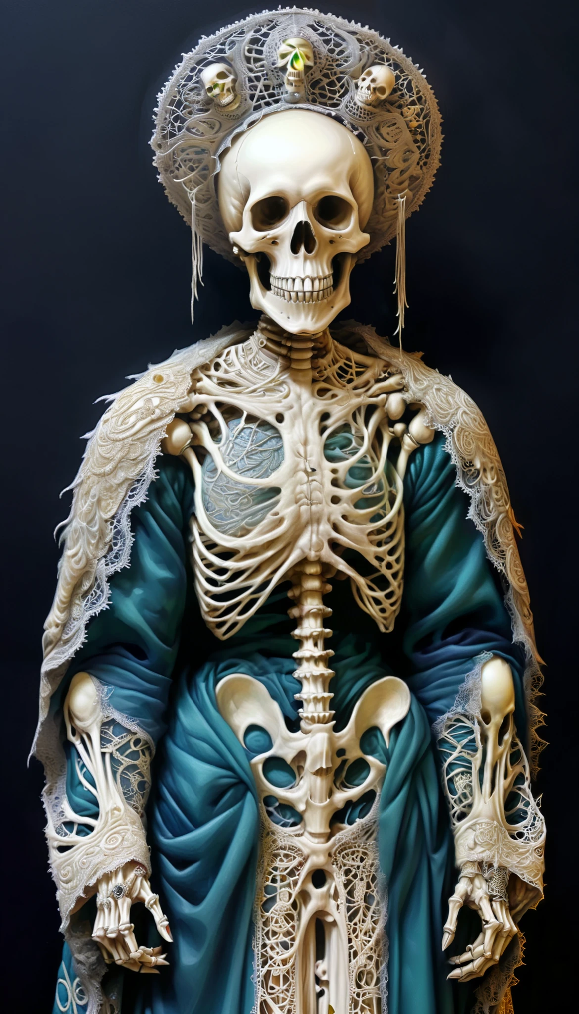  a close up of a skeleton dressed in a priest's robe, holy queen skeleton,  intricate skeletal decorations  (Detailed embroidery),  elaborate cult tunics ,  inspired by Francisco de Burgos Mantilla , day of the dead. 8K,  Victorian Day of the Dead , 8K highly detailed ❤🔥 🔥 💀 🤖 🚀,  made of intricate skeleton lace , All skeletons, Catholic punk , gothic art style  .  illustration digital ultra realista ( full image in the format ) ( front view) (cold colors) ((centered image parallel to the edges))  by Tsutomu Nihei ,( strange but extremely beautiful:1.4),(masterpiece,  Best Quality :1.4),In the style of Nicola Samori, iron fist  (Orson Randall ), Woven art , Erik Madigan Heck Style page , portrait, illustration,drawing,describe,bold describe, luminous , tattoo design  , Alex Gross Style page  