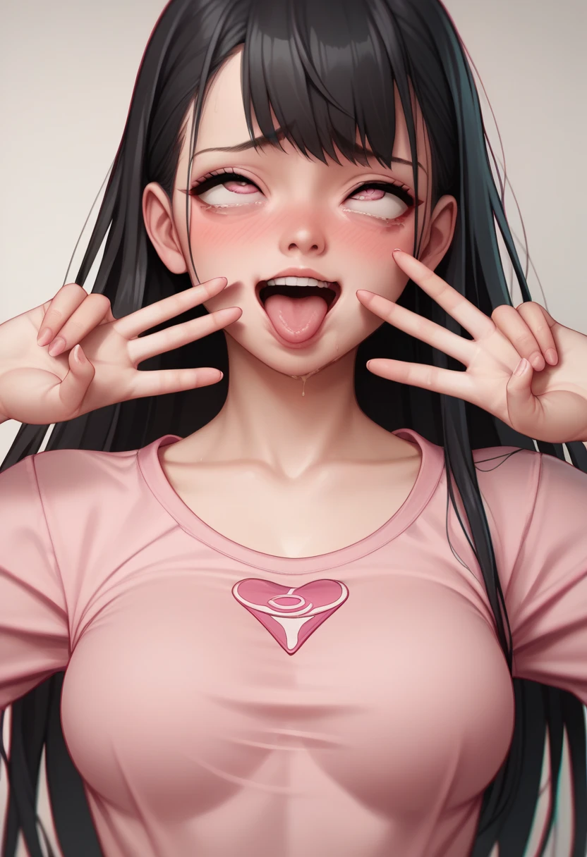 score_9, score_8_up, score_7_up, source_anime, best quality, clear face, skinny japanese Egirl, black hair, pink eyes, long hair, medium breasts, perfect body, standing, looking, embarrassed,lewd ahegao, wearing pink shirt, dynamic angle,upper body, close to face,sexy face,small,face,double piece sign