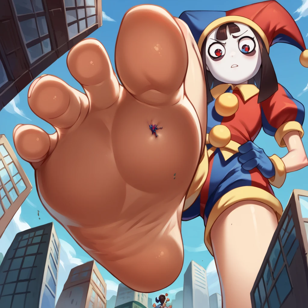 score_9, score_8_up, score_7_up, source_anime, BREAK pov: under giantess,1girl,Pomni,jester cap, gloves, puffy short sleeves, red eyes and blue eyes, striped,from below,stomp,barefoot,soles,city