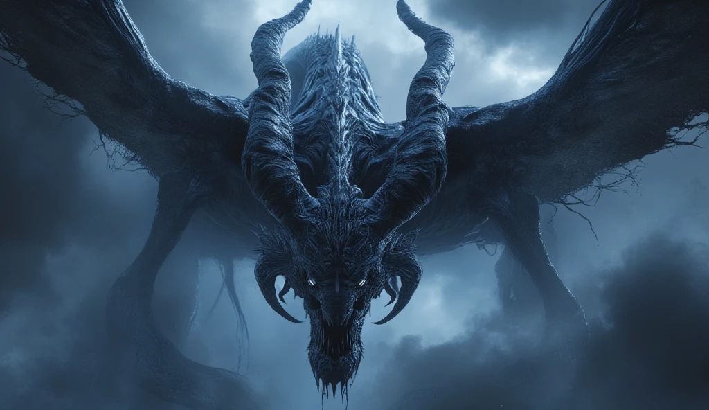 Azure Chinese dragon. He has a gray mane, two large horns and white eyes, but no wings. Dark blue skin. The dragon is wise and strong. Horror. He flies in the clouds in the dead of night. It's a dark night.