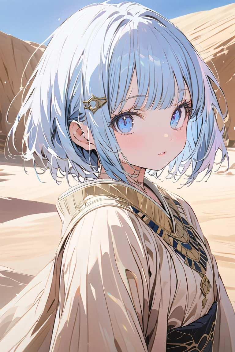 ((best quality)), ((masterpiece)), (detailed), natural lighting, 4k image, anime style, milky brown skin beautiful young teenage girl, button nose, wavy eyelashes, shimmering light blue hair(with pale white steaks) cut into an Egyptian bob-cut  icy blue eyes with a secondary violet color, mesmerizing yet cute and adorable sharp and distinct facial features, oval shaped face, thick and full sized cherry pink lips, tall height, petite body type, willowy slim and curvy waist. slender creamy brown legs, desert background, wearing a silky shawl and seal skirt as clothes