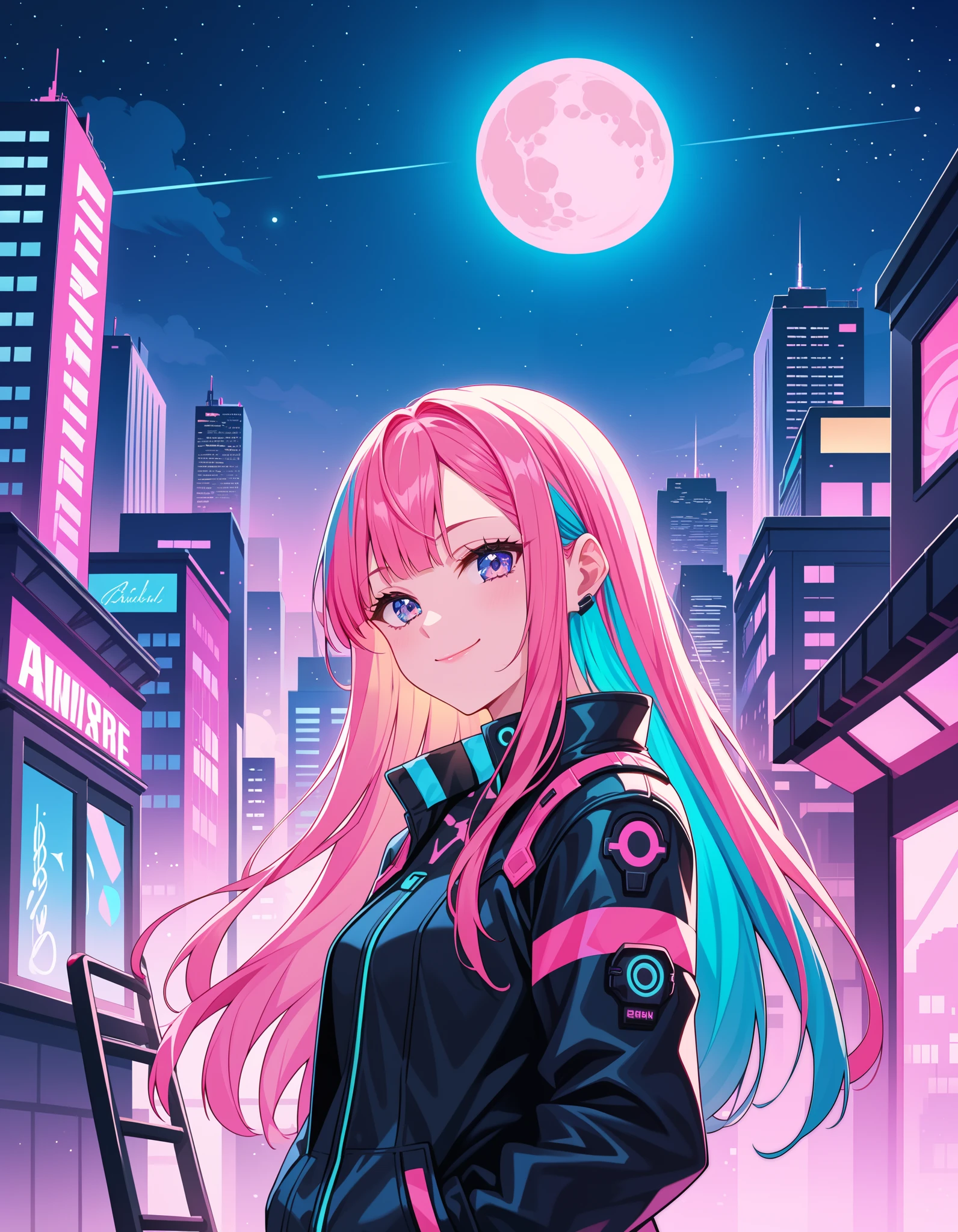 score_9, score_8_up, score_7_up,, colorful, 1girl, colorful, colorful, cyberpunk, ladder, looking at viewer, moon, multicolored hair, two-tone hair, pink theme, long hair, solo, closed mouth, limited palette, full moon, building, smile, outdoor, city lights, masterpiece, best quality, newest, very awa