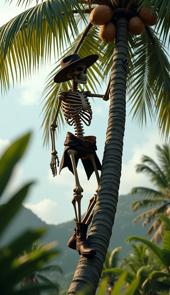 Create an image of a leaf with a carefully carved out scene that depicts a skeleton interacting with a smaller figure, possibly in a narrative or symbolic action, against a backdrop of a clear blue sky with minimal clouds.
