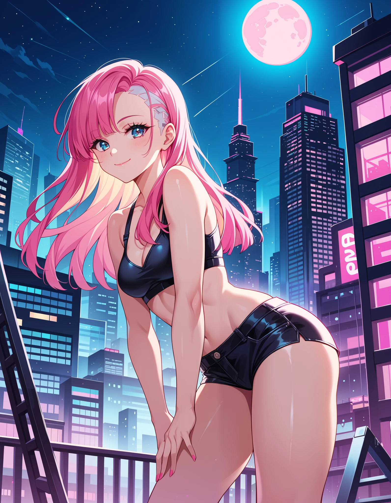 score_9, score_8_up, score_7_up,, colorful, 1girl, colorful, colorful, cyberpunk, ladder, looking at viewer, moon, multicolored hair, two-tone hair, pink theme, long hair, solo, closed mouth, limited palette, full moon, building, smile, outdoor, city lights, masterpiece, best quality, newest, very awa