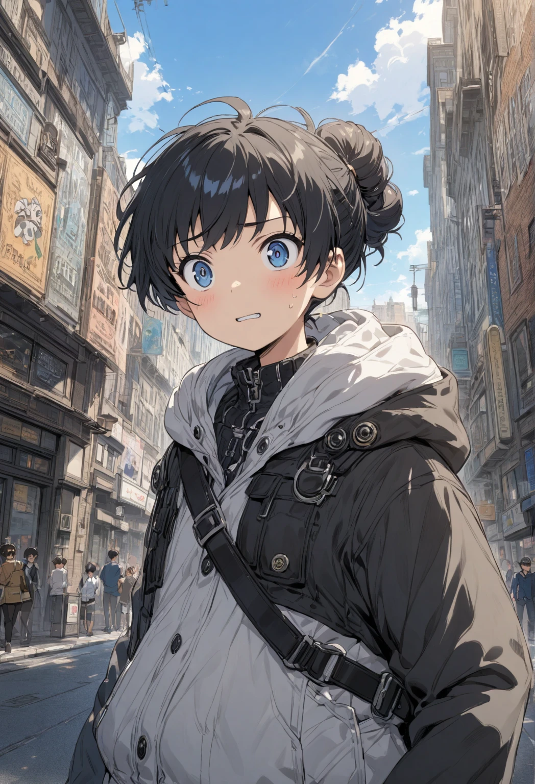 Cute anime face black hair With a boy in the city