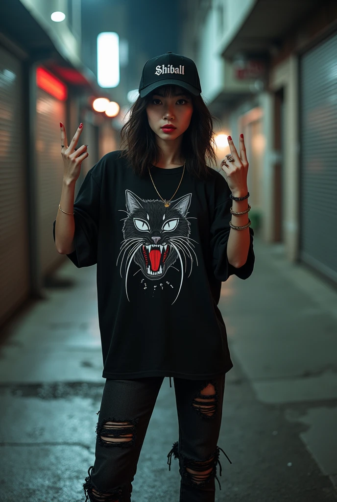 1girl, black hoodie, wearing the hood, tattoos, red eyes, dark alley, red graffiti, red japanese led