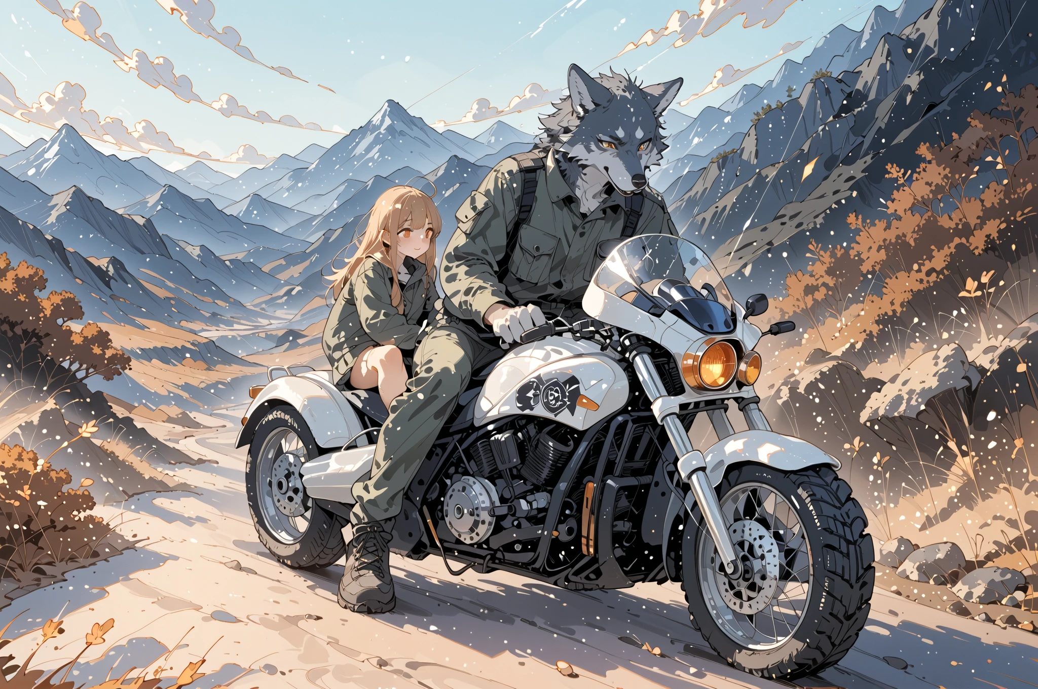 (couple of wolves),1boy\((wolf:1.4),(kemono),(furry),(old:1.3),(driving army combat bike)\),1girl1boy\((wolf:1.4),(kemono),(furry),breast,shooting a gun at sidecar\),.dynamic angle,dynamic blur,great action,full body. score_9, score_8_up, score_7_up, score_6_up, score_5_up, score_4_up, source_anime,source_furry,rating_safe,rating_questionable,masterpiece, best quality, perfect anatomy , very aesthetic , absurdres,landscape