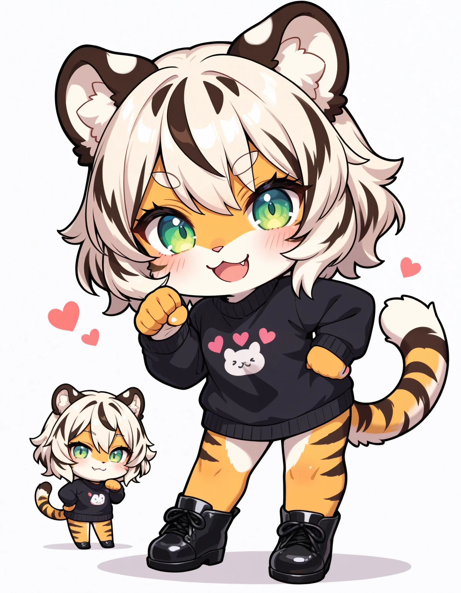 colorful, furry, heart, paw pose, simple background, smile, sweater, tail, tiger ears, tiger tail, black footwear, hands on own hips, :3, tiger girl, looking at viewer, white background, fang, chibi, animal ear, standing, animal ear fluff, masterpiece, best quality, newest, very awa