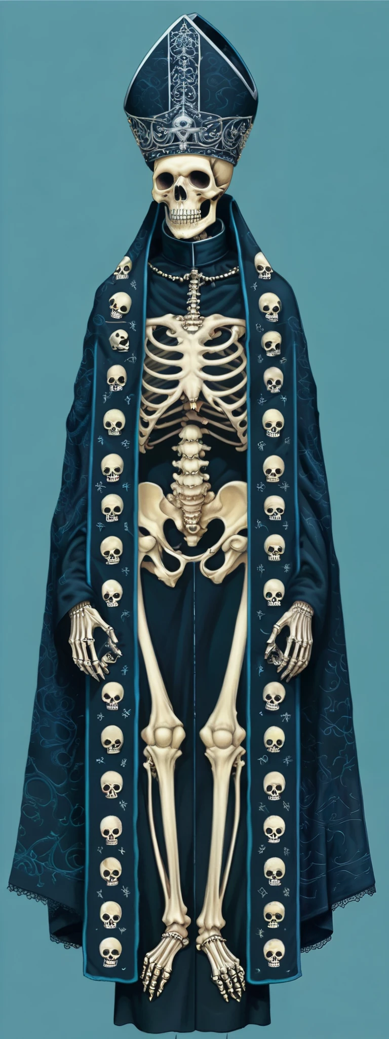  a close up of a skeleton  ( very elongated body )  dressed in a priest's robe , ( with a pattern of tiny skulls on a tunic),  priest skull ,  papal hat ,  intricate skeletal decorations  (Detailed embroidery),  elaborate cult tunics ,  inspired by Francisco de Burgos Mantilla , day of the dead. 8K,  Victorian Day of the Dead , 8K highly detailed ❤🔥 🔥 💀 🤖 🚀,  made of intricate skeleton lace , All skeletons, Catholic punk , gothic art style  .  illustration digital ultra realista ( full image in the format ) ( front view) ((centered image parallel to the edges))  by Tsutomu Nihei ,( strange but extremely beautiful:1.4),(masterpiece,  Best Quality :1.4),In the style of Nicola Samori, iron fist  (Orson Randall ), Woven art , Erik Madigan Heck Style page , portrait, illustration,drawing,describe,bold describe, luminous , tattoo design  , Alex Gross Style page  ((Full priestly body , floating)) (holy posture ) ( relaxed arms ) ( upright and relaxed posture ) "" the priest's body doesn't come out on the edge"" 