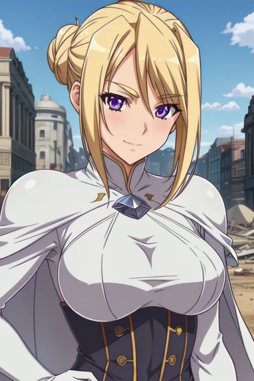 1girl,,big breasts,standing in ruined city,(8k),scratches,detailed face,blond hair,purple eyes,short hair,embarassed,small smile face,bun,hair, high_res, high_definition,the battlefield,battle pose,white corset,white cape,white gloves, (Emma Frost Custome:1.1),