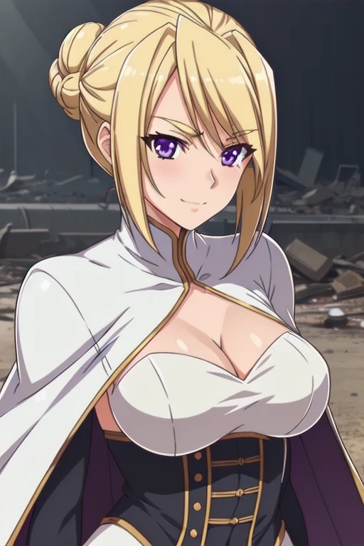 1girl,,big breasts,standing in ruined city,(8k),scratches,detailed face,blond hair,purple eyes,short hair,embarassed,small smile face,bun,hair, high_res, high_definition,the battlefield,battle pose,white corset,white cape,white gloves, (Emma Frost Custome:1.1),