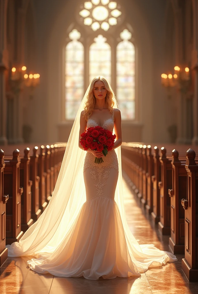 (translucent luminous body_Wearing a white lace wedding dress), (woman made of light: 1.2, glowing hair_Long curly blonde hair),, (Upper body frontal close-up angle: 1.3), 8k, high dynamic range(( masterpiece. real photos. Super high quality))AMY put on her most beautiful.The most gorgeous.The most noble wedding dress.Standing on the red carpet in a church with stained glass.She has a happy smile on her face.She held a large bouquet of bright roses in her hands.And AMY is more beautiful than flowers.symmetrical face, Symmetrical eyes, Ultra 8K detailed photos, 8K resolution concept