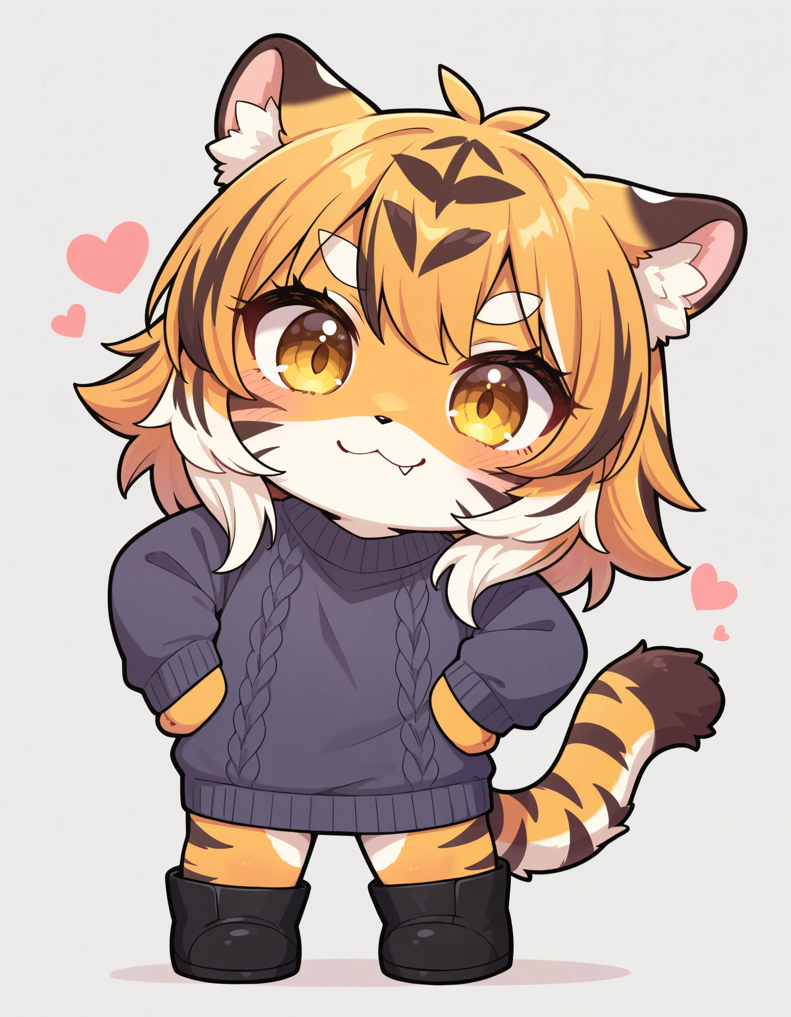 colorful, furry, heart, paw pose, simple background, smile, sweater, tail, tiger ears, tiger tail, black footwear, hands on own hips, :3, tiger girl, looking at viewer, white background, fang, chibi, animal ear, standing, animal ear fluff, masterpiece, best quality, newest, very awa