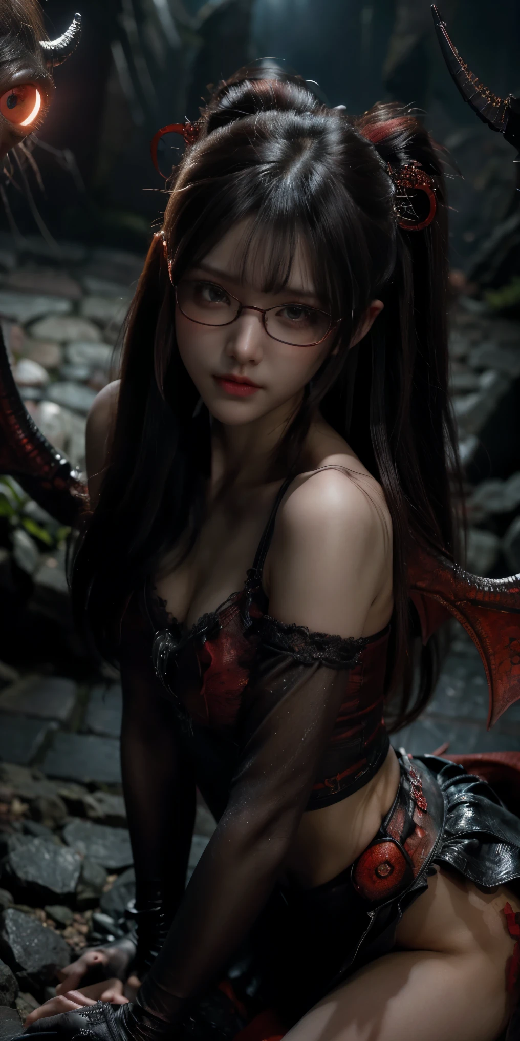 Are you okay、(best illustrations)、8k UHD resolution、intricate details、最high quality、realistic、super detailed、best lighting、best shadow、soft lighting、ultra hd、dungeon、dragon、cave、dungeon、 evil nun、necromancer、night、dark style、Succubus、devil&#39;s daughter、Umi Shinonome、bat wings，(((devil&#39;s horns)))、((((black round rim glasses))))、(((big breasts)))、(devil&#39;s tail)、(red eyes shine:1.6)、masterpiece、beautiful face、Tyndall effect、realistic写真、(high detail skin:1.2)、8KUHD、Digital single-lens reflex camera、high quality、picture、High resolution、 absurd、Ponytail distortion、Optimal ratio of 4 fingers and 1 thumb、1 girl、hair ornaments、真っ赤に輝くgemのネックレス、gem、beautiful expression、body up、big breasts emphasis、tight waist、wide ass、Tyndall effect、Photoreal、(high detail skin:1.2)、