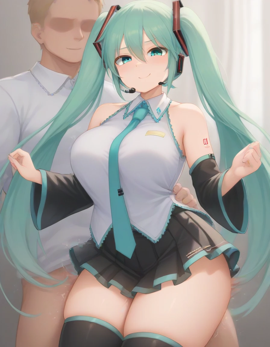 1girl,hatsune miku, green hair, green eyes, long hair, twintails, headset, skirt, detached sleeves, collared shirt, sleeveless shirt,massive thighs,hearts,bouncing,standing thighjob,smug,man behind,dick betwen thighs