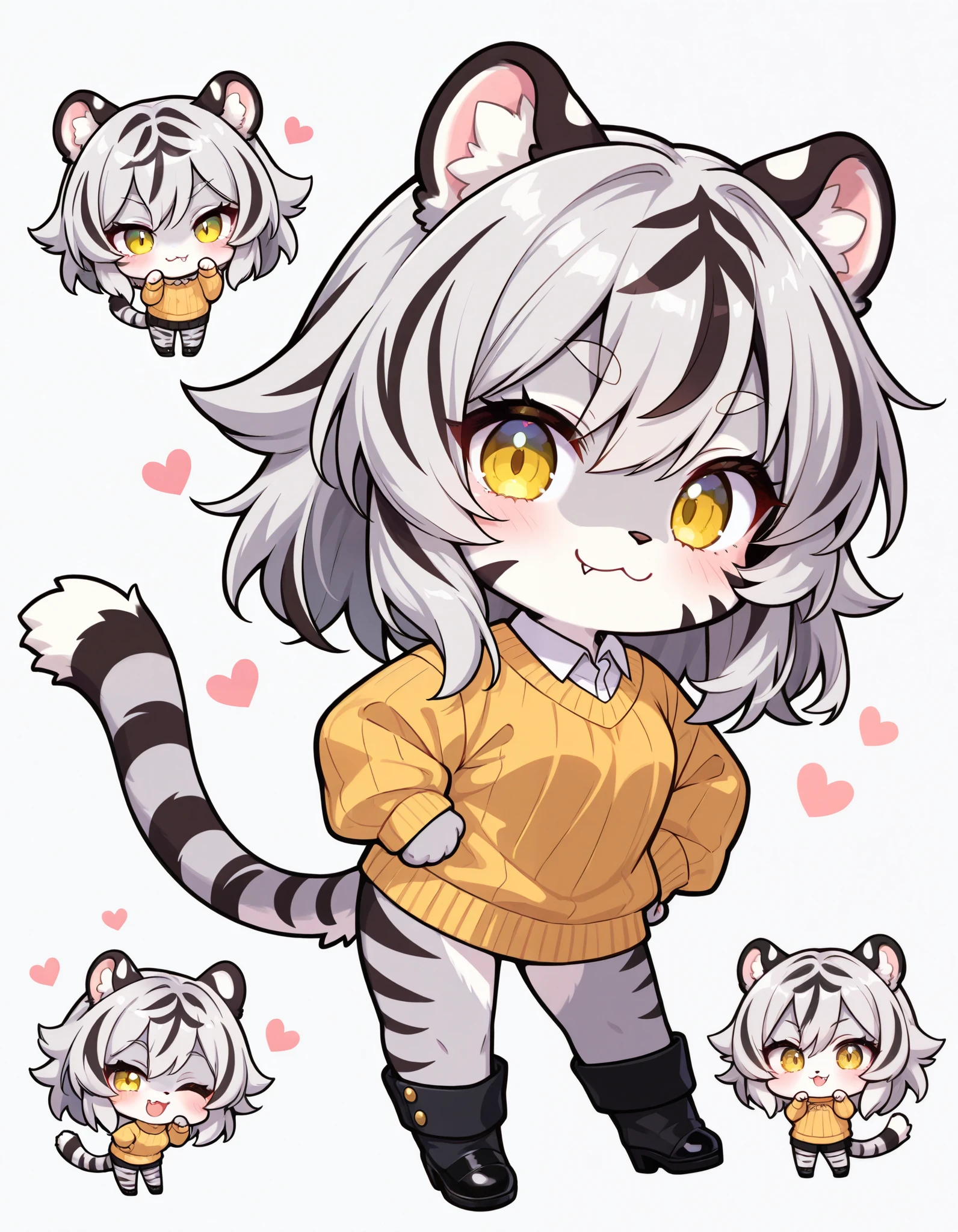 colorful, furry, heart, paw pose, simple background, smile, sweater, tail, tiger ears, tiger tail, black footwear, hands on own hips, :3, tiger girl, looking at viewer, white background, fang, chibi, animal ear, standing, animal ear fluff, masterpiece, best quality, newest, very awa