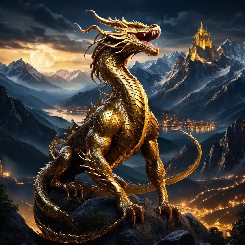 Golden Dragon in the mountains at night 
( masterpiece ),   best quality ,  highres icon, 4K, 8k,  detailed illustration ,  intricate details,  cinematographic lighting ,  incredible quality,  Marvel's Venom at your side staring at , amazing shading,  soft lighting ,  in front of the camera ,  perfect eyes and perfect detail 