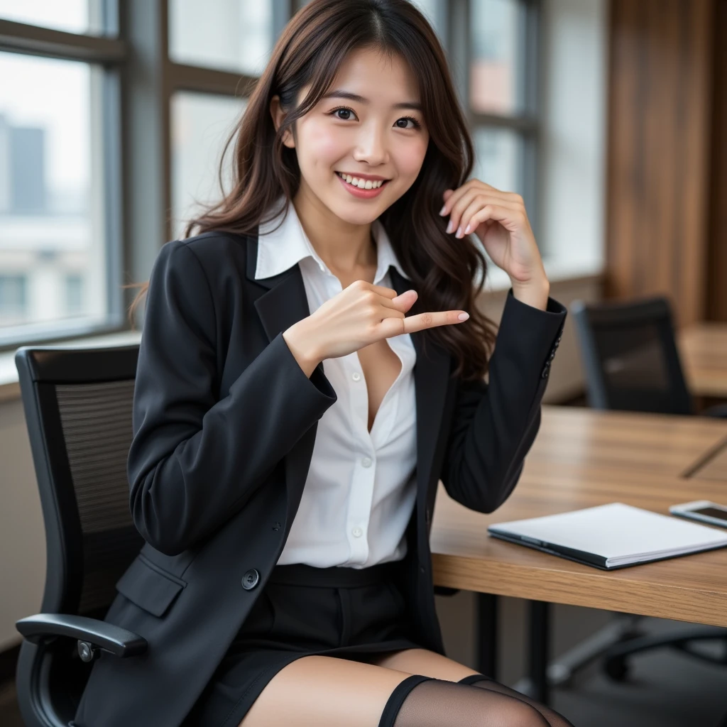 『 1 Japanese girl wrapping sheets around her body:1.3』『 real photo:1.3』 top quality:1.2、(( Big Breasts ))、 Slightly Visible Cleavage 、(( young woman))、(( has red cheeks))『 I'm smiling by showing my teeth :1.9』、((( anatomically correct、 perfect anatomy、 anatomically correct指)))、 realistic ,  top quality,  super high resolution ,  RAW photo, (Curvy body)、((masterpiece:1.4, top quality)), 1 girl, business suit,white_ shirt,  sitting in a short black skirt  ,  Sitting at Desk ,Working conditions ,Big Breasts, black stockings , sitting in an office and having sex while working