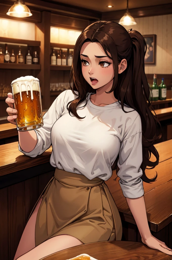  Dark Brown Hair,  long hair up to the waist,  light brown eyes ,  sleeping at a bar table , glass of beer in hand, white social shirt,  dark brown short skirt ,  Open mouth, drooling, bar, alone at the table 