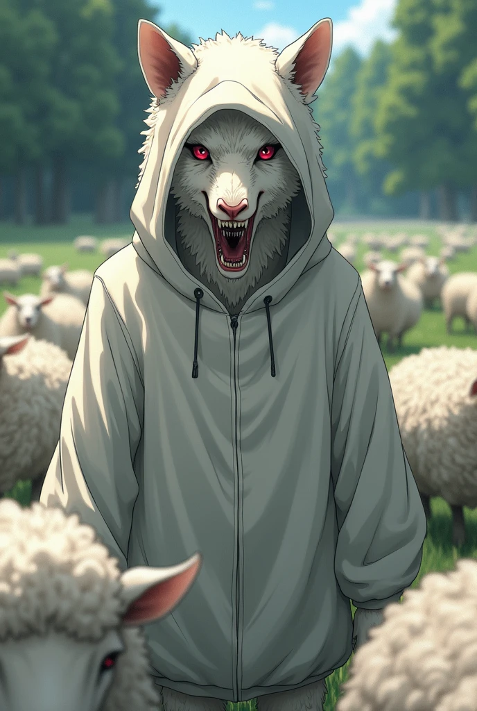 anime, realism,Lycanthrope,tooth,Saliva,(( wearing a hoodie that imitates a white sheep, Sheep's ear,round white ears )),Standing in a flock of real sheep