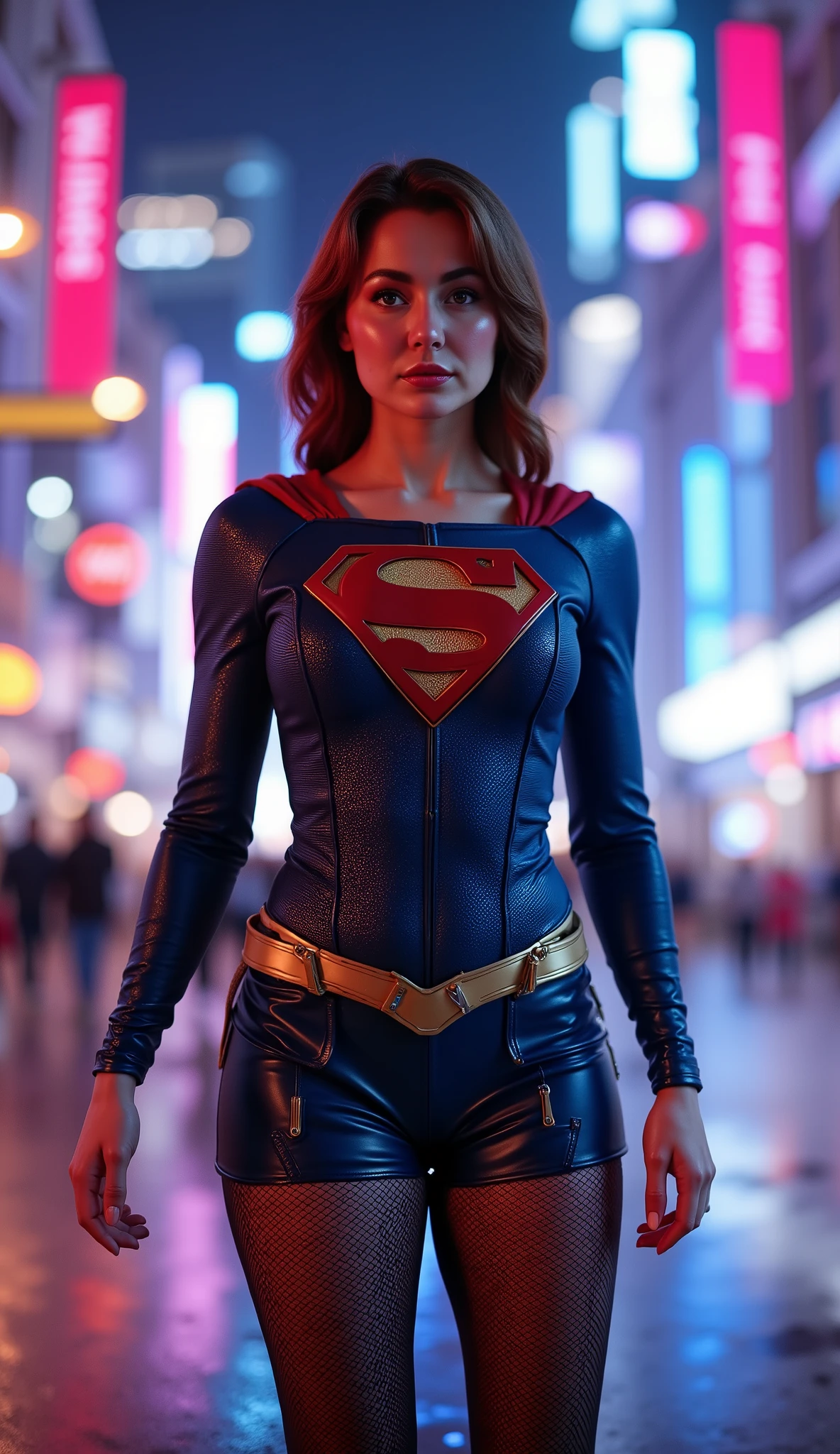 Hania Amir in Supergirl costume, HD, remastered, HQ, 4K quality, cyberpunk cityscape, The very sexy Supergirl with her neckline outfit 