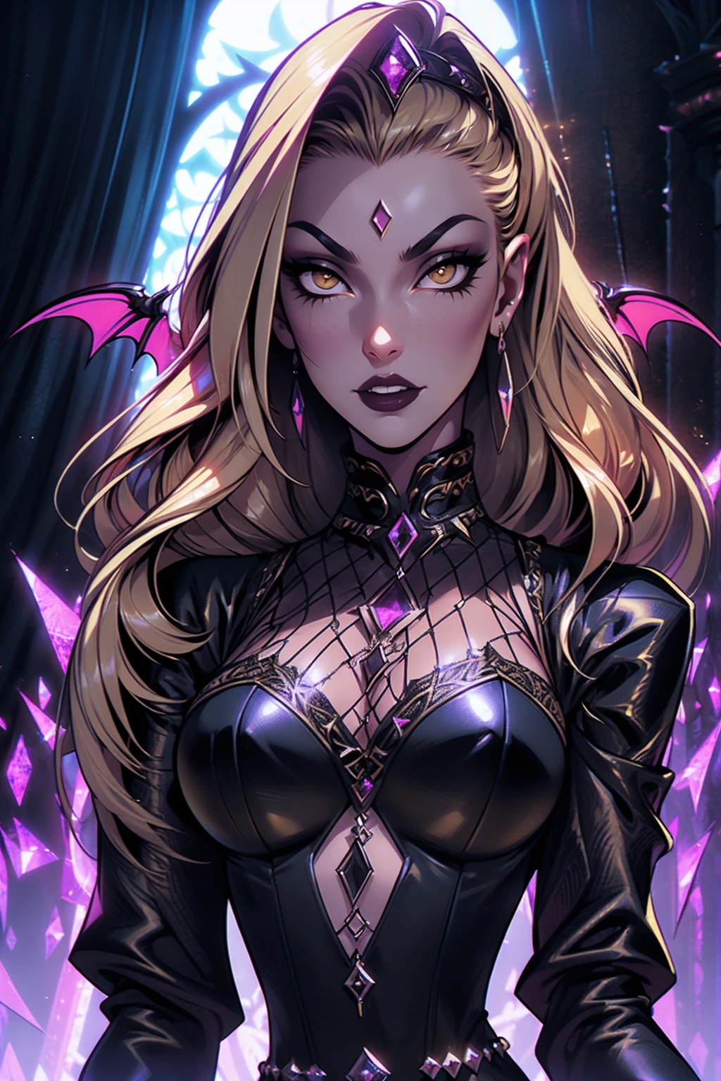 absurdres, ((stunning female Vampire))), goth Renaissance, (long blonde hair:1.erfect and detailed angular sharp oval shaped face, angry face, ((yellow eyes)), jewelry, red and black tetradic colors, full lips, gothic castle background, (solo), perfect anatomy, approaching perfection, ethereal, intricate details, ultra-high definition, 12k resolution, goth aesthetic, smooth, sharp focus, dreamy, glowing, backlit, glamour, glimmer, fantastical, shadows, smooth, Gothic crown,