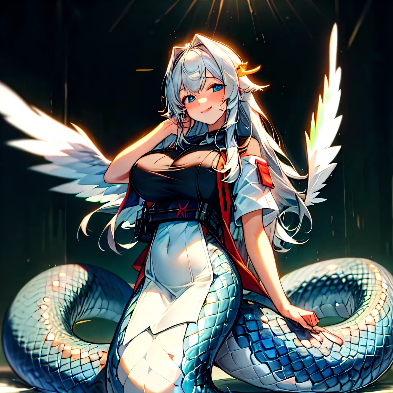 score_9, score_8_up, score_7_up, source_anime, solo, 1girl, pram \(phantom kingdom\), white dress, lamia, long hair, white hair, , black sclera, space station, twisted torso, , <lora:pram_PDXL-000001:1>