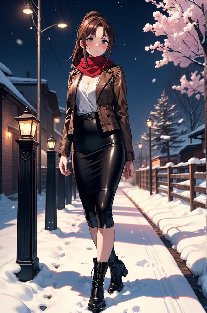 ((masterpiece, best quality:1.3, high detail)), beautiful woman, looking at viewer, long hair, (dark red brown hair, ponytail hair), full-face blush, solo focus, one person, (brown jacket, white blouse, red scarf, (long black pencil (skirt)), long leather pencil skirt, boots, outdoors, (night sky, snow), (lower body), (realistic), (realism), (ultra detailed), park, tree,